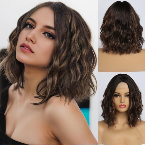 Brown Highlight Wigs for Women 14 Inch Short Shoulder Length